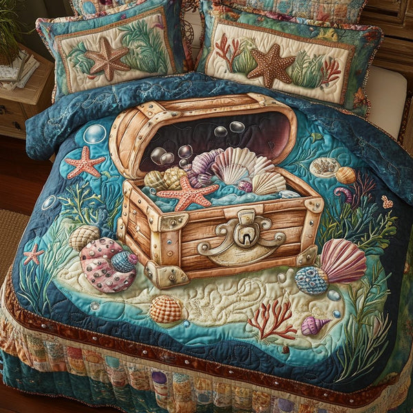 Ocean Waves quilted 3-piece bedding set on a made bed in a light coastal bedroom