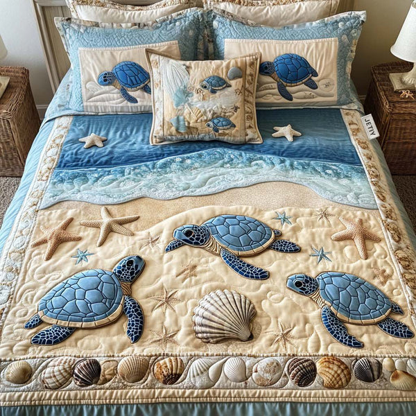 Ocean Waves quilted 3-piece bedding set on a made bed in a light coastal bedroom