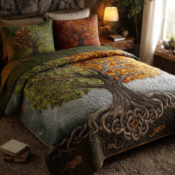Ocean Weave quilted 3-piece bedding set on a made bed in a light coastal bedroom