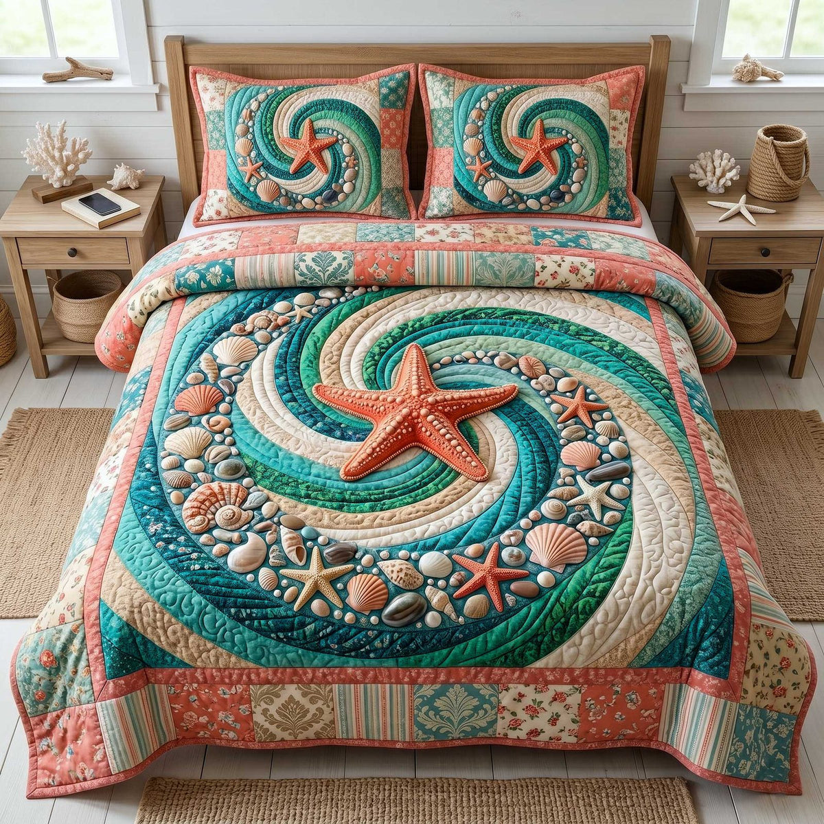Ocean Whirl quilted 3-piece bedding set on a made bed in a light coastal bedroom