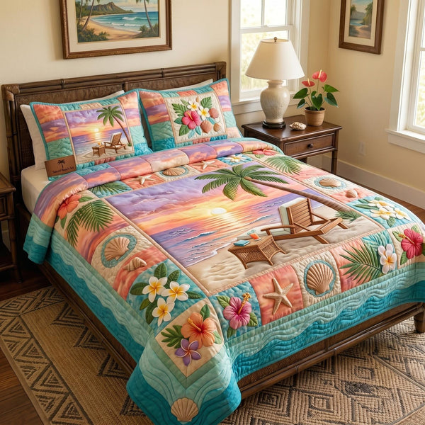 Ocean Whisper quilted 3-piece bedding set on a made bed in a light coastal bedroom
