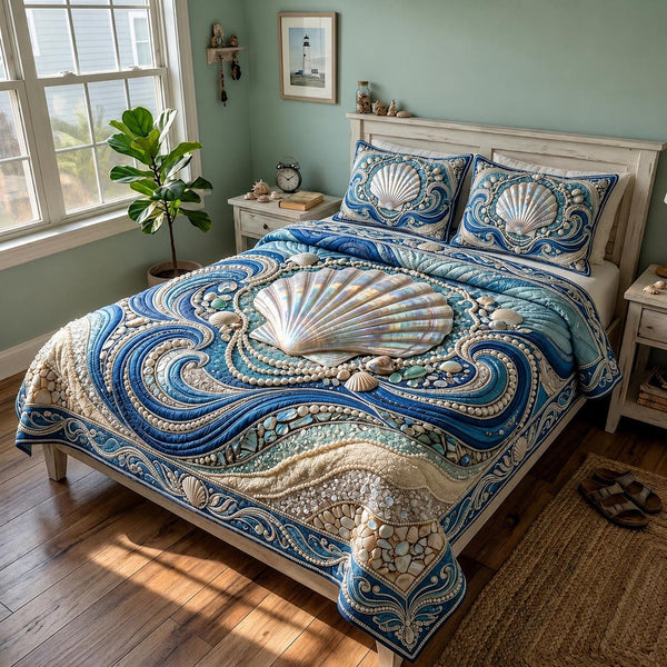 Ocean Whisper quilted 3-piece bedding set on a made bed in a light coastal bedroom