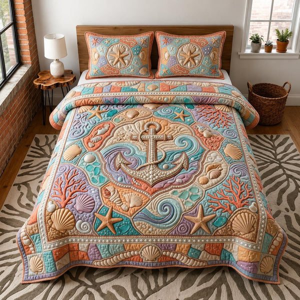 Ocean Whisper quilted 3-piece bedding set on a made bed in a light coastal bedroom