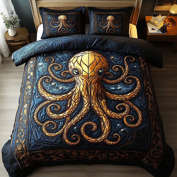 Ocean Whisper quilted 3-piece bedding set on a made bed in a light coastal bedroom