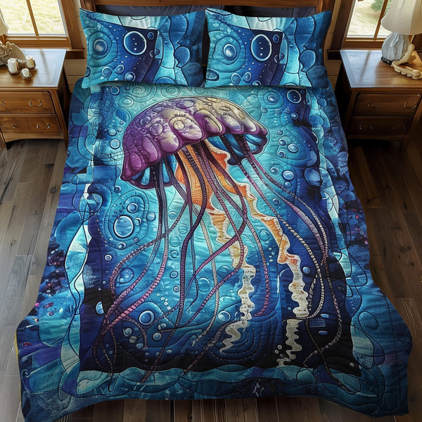 Ocean Whispers quilted 3-piece bedding set on a made bed in a light coastal bedroom