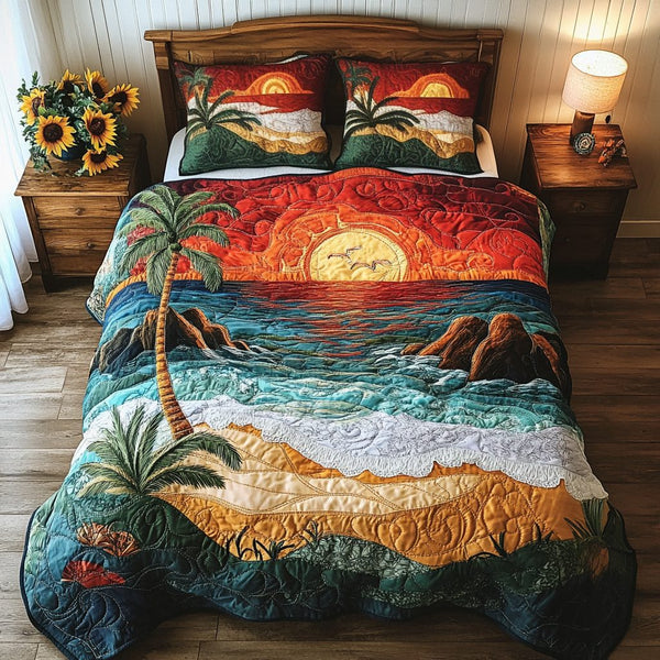 Ocean Whispers quilted 3-piece bedding set on a made bed in a light coastal bedroom