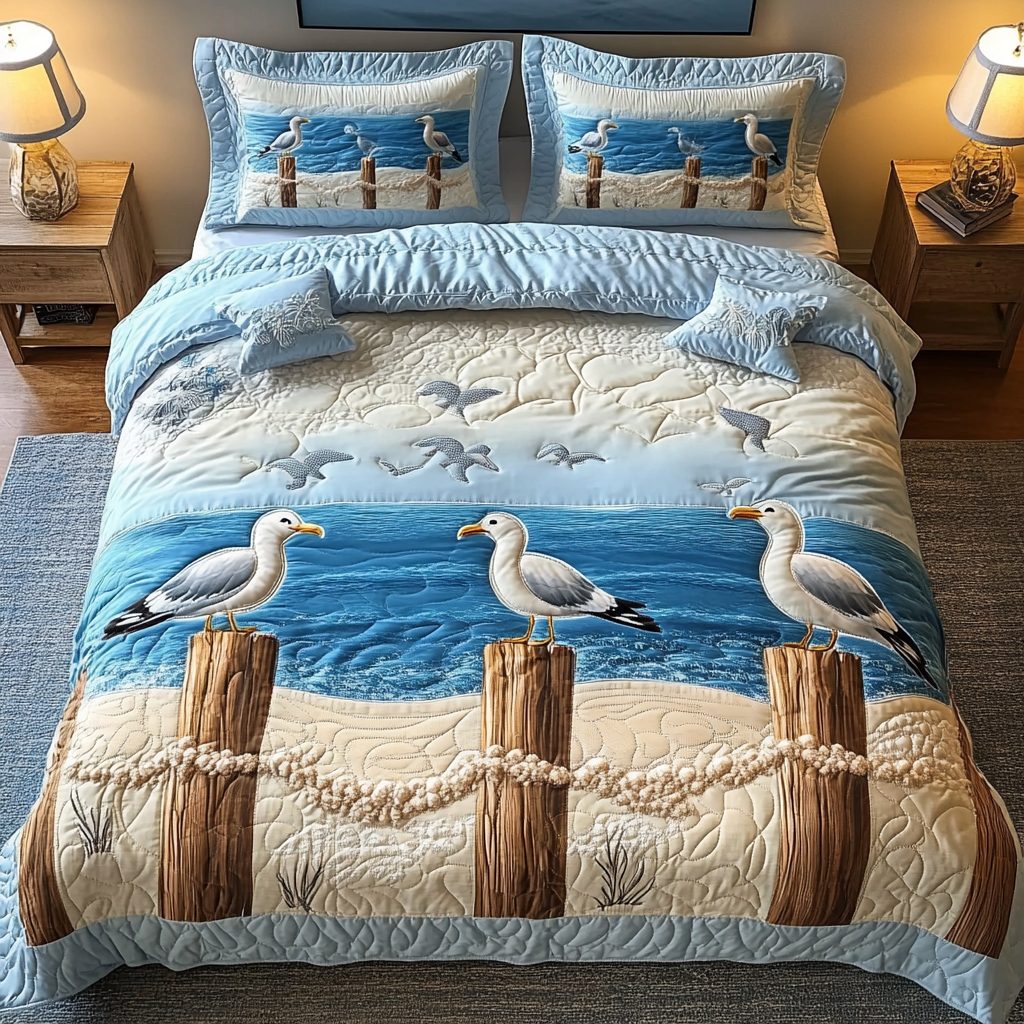 Ocean Wings quilted 3-piece bedding set on a made bed in a light coastal bedroom