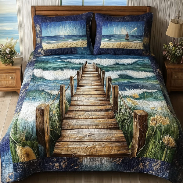 Ocean Wooden Dock quilted 3-piece bedding set on a made bed in a light coastal bedroom