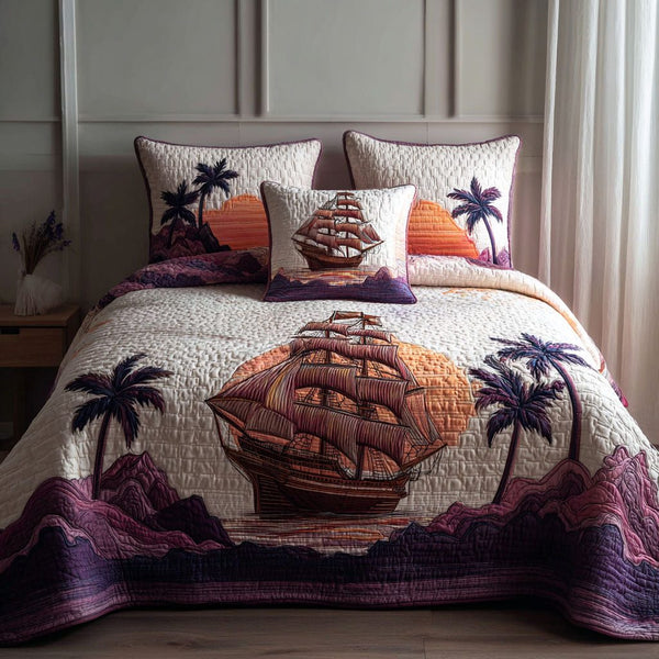 Oceanfront Odyssey quilted 3-piece bedding set on a made bed in a light coastal bedroom