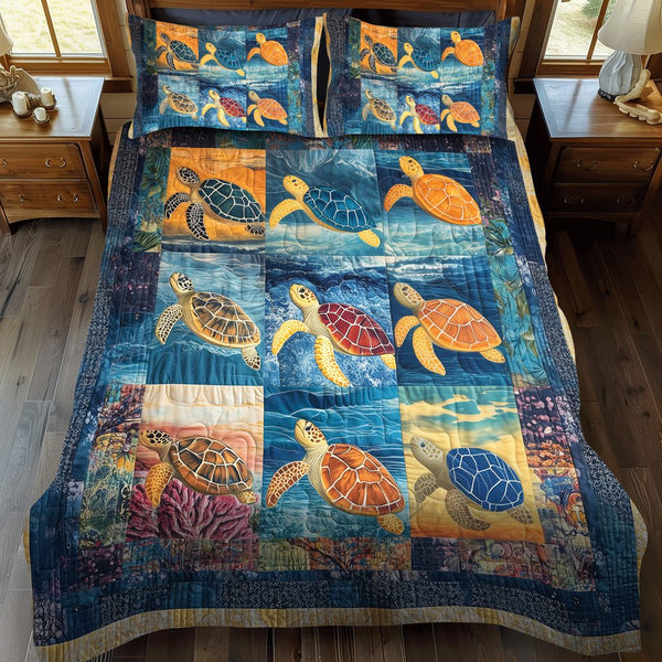 Oceanic Journey quilted 3-piece bedding set on a made bed in a light coastal bedroom