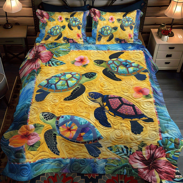 Oceanic Journey quilted 3-piece bedding set on a made bed in a light coastal bedroom