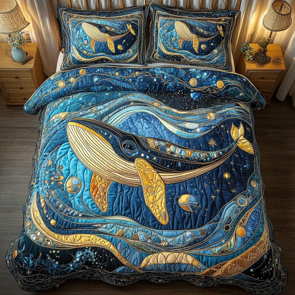 Oceanic Majesty quilted 3-piece bedding set on a made bed in a light coastal bedroom
