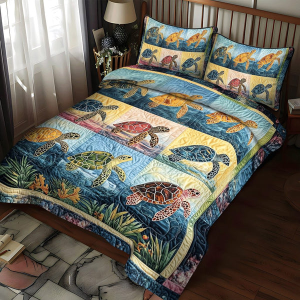 Oceanic Oasis quilted 3-piece bedding set on a made bed in a light coastal bedroom