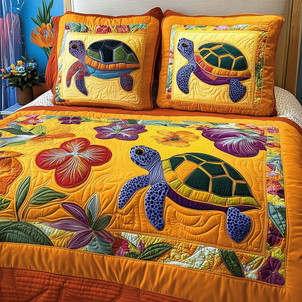 Oceanic Oasis quilted 3-piece bedding set on a made bed in a light coastal bedroom