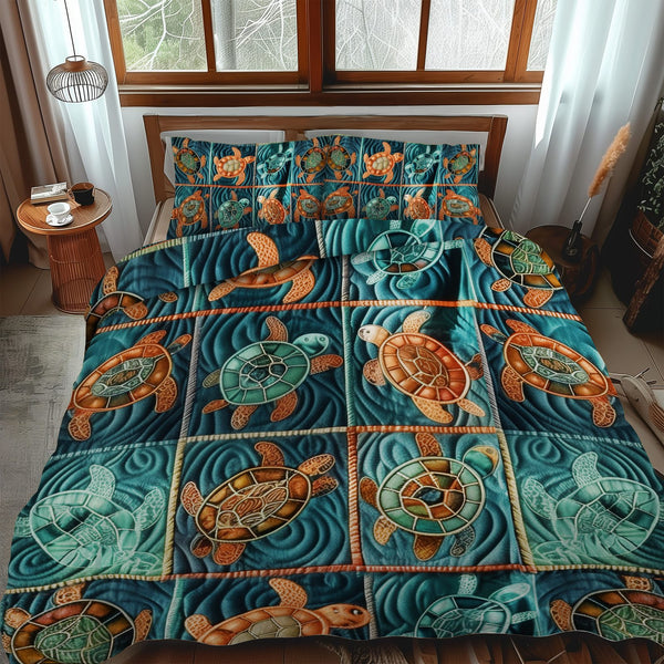Oceanic Odyssey quilted 3-piece bedding set on a made bed in a light coastal bedroom