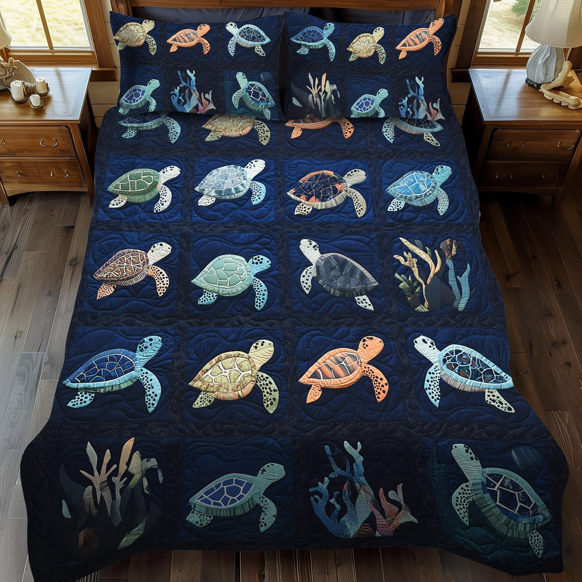 Oceanic Odyssey quilted 3-piece bedding set on a made bed in a light coastal bedroom