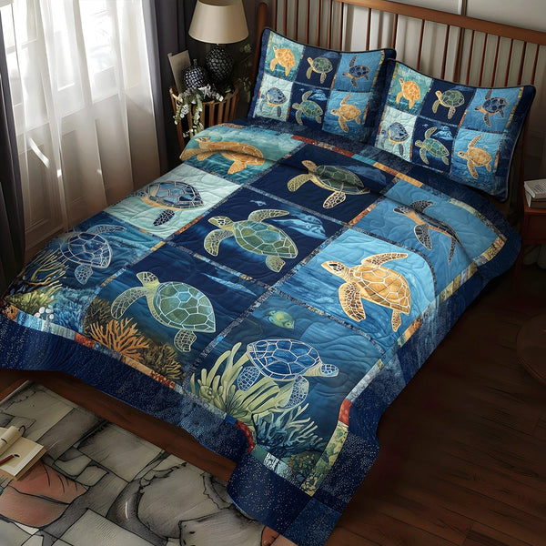 Oceanic Peace quilted 3-piece bedding set on a made bed in a light coastal bedroom