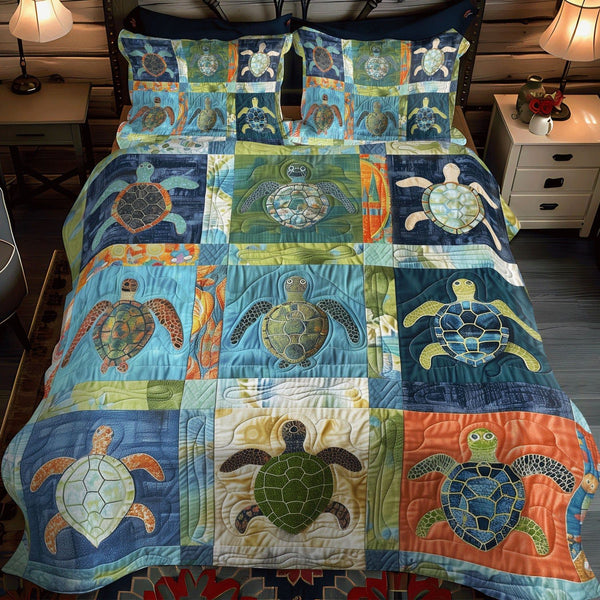 Oceanic Peace quilted 3-piece bedding set on a made bed in a light coastal bedroom