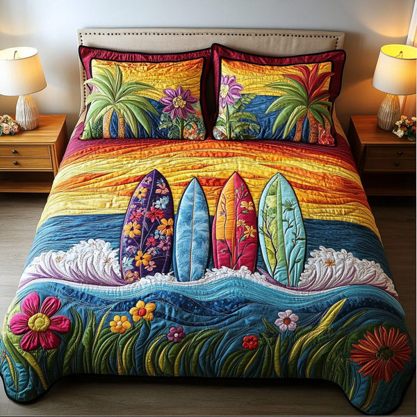 Oceanic Surfboard quilted 3-piece bedding set on a made bed in a light coastal bedroom