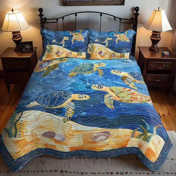 Oceanic Turtle Dance quilted 3-piece bedding set on a made bed in a light coastal bedroom