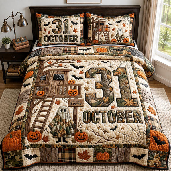 October Thirtyone quilted 3-piece bedding set on a made bed with two matching pillow shams