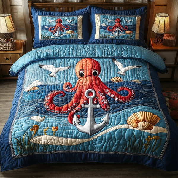 Octopus Anchor quilted 3-piece bedding set on a made bed in a light coastal bedroom