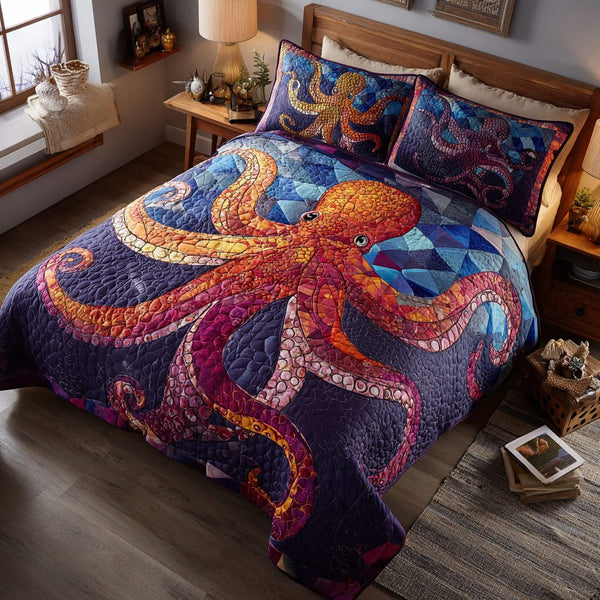Octopus Charm quilted 3-piece bedding set on a made bed with two matching pillow shams