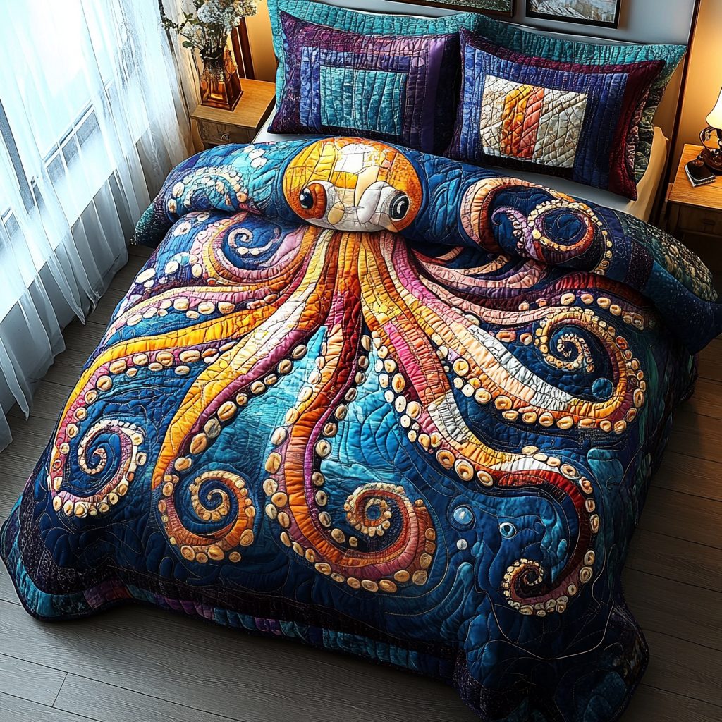Octopus Charm quilted 3-piece bedding set on a made bed with two matching pillow shams