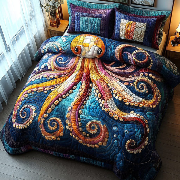 Octopus Charm quilted 3-piece bedding set on a made bed with two matching pillow shams