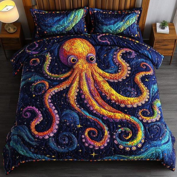 Octopus Dream quilted 3-piece bedding set on a made bed with two matching pillow shams