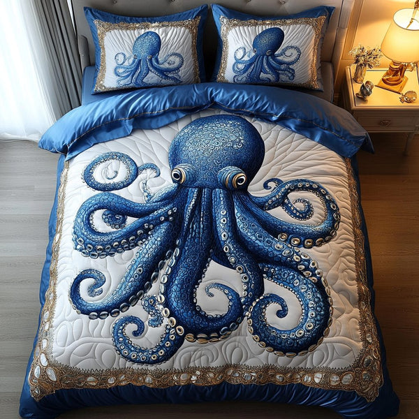 Octopus Dreams quilted 3-piece bedding set on a made bed with two matching pillow shams
