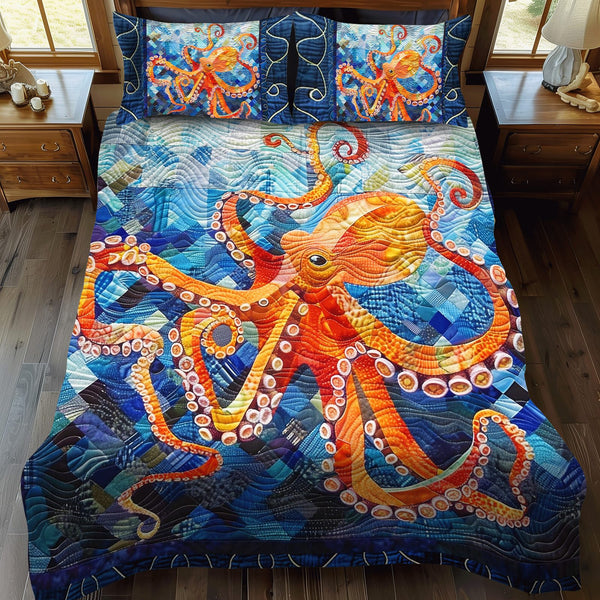 Octopus Oasis quilted 3-piece bedding set on a made bed with two matching pillow shams