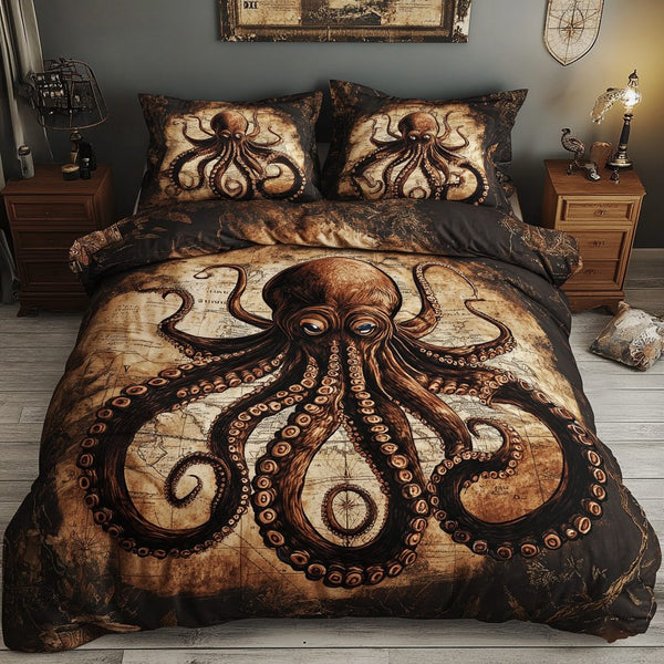 Octopus Paradise quilted 3-piece bedding set on a made bed with two matching pillow shams