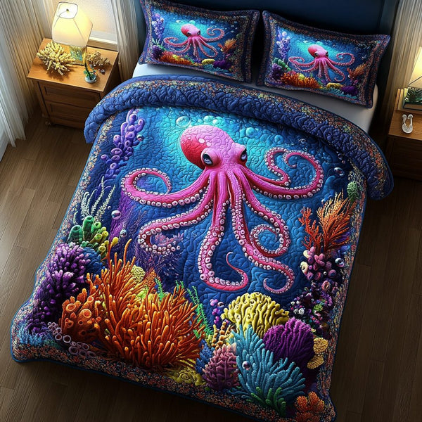 Octopus Sanctuary quilted 3-piece bedding set on a made bed with two matching pillow shams