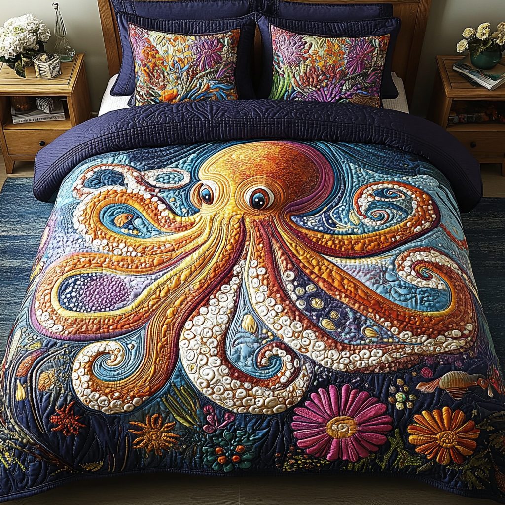 Octopus Twist quilted 3-piece bedding set on a made bed with two matching pillow shams