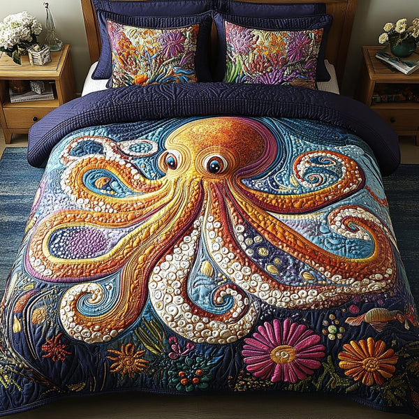 Octopus Twist quilted 3-piece bedding set on a made bed with two matching pillow shams