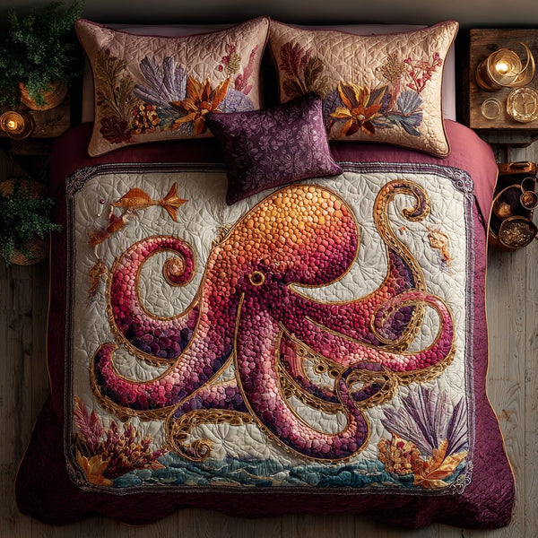 Octopus Vibe quilted 3-piece bedding set on a made bed with two matching pillow shams