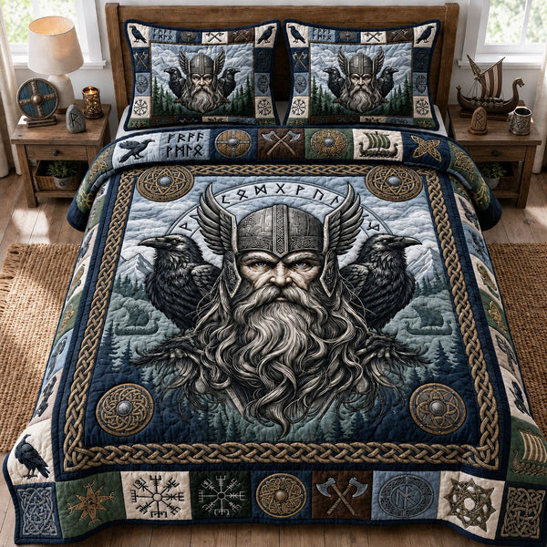 Odin Portrait quilted 3-piece bedding set on a made bed with two matching pillow shams