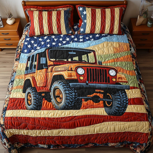 Off-Road America quilted 3-piece bedding set on a made bed in a warmly lit bedroom