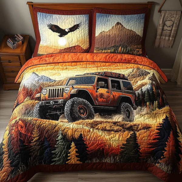Off-Road Legend quilted 3-piece bedding set on a made bed with two matching pillow shams