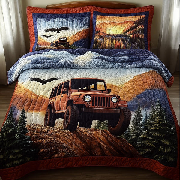Off-Road Legend quilted 3-piece bedding set on a made bed with two matching pillow shams