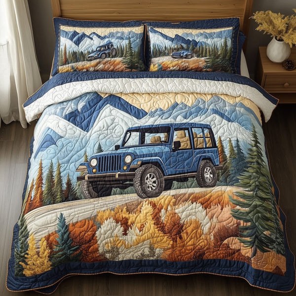 Off-Road Life quilted 3-piece bedding set on a made bed with two matching pillow shams