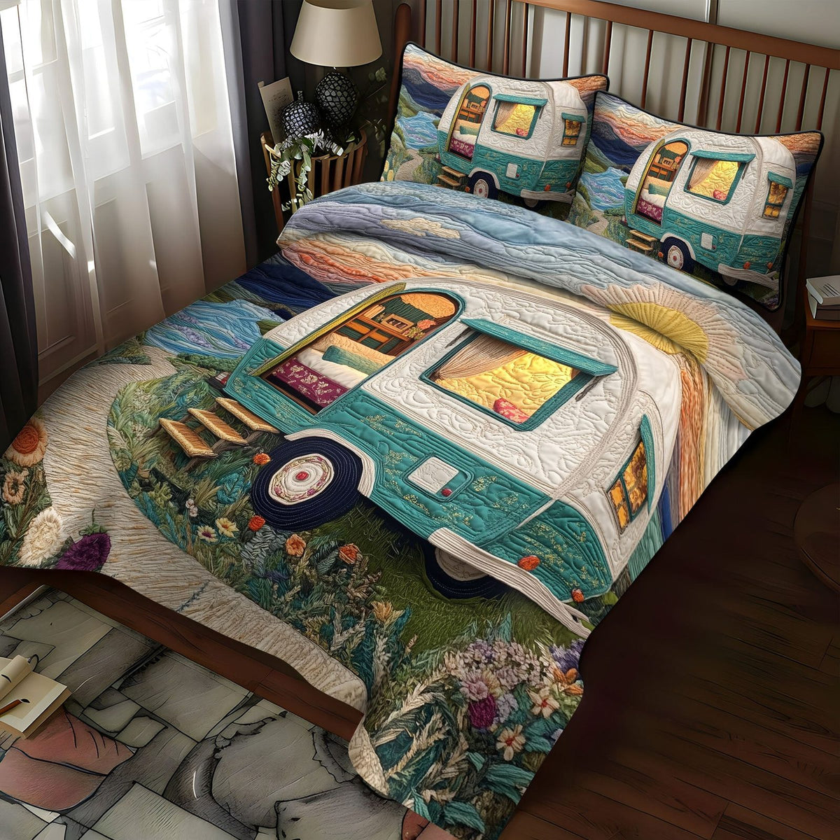 Off the Beaten Path quilted 3-piece bedding set on a made bed with two matching pillow shams
