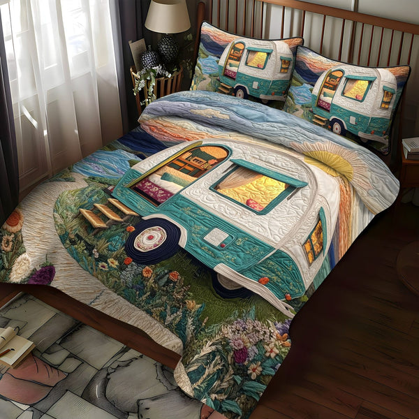 Off the Beaten Path quilted 3-piece bedding set on a made bed with two matching pillow shams