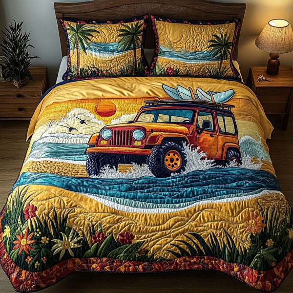 Off Trail quilted 3-piece bedding set on a made bed with two matching pillow shams