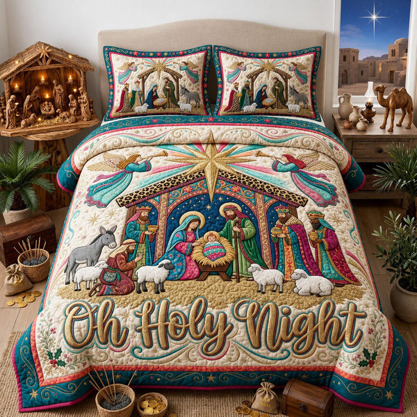 Oh Holy Night quilted 3-piece bedding set on a made bed in a softly lit bedroom