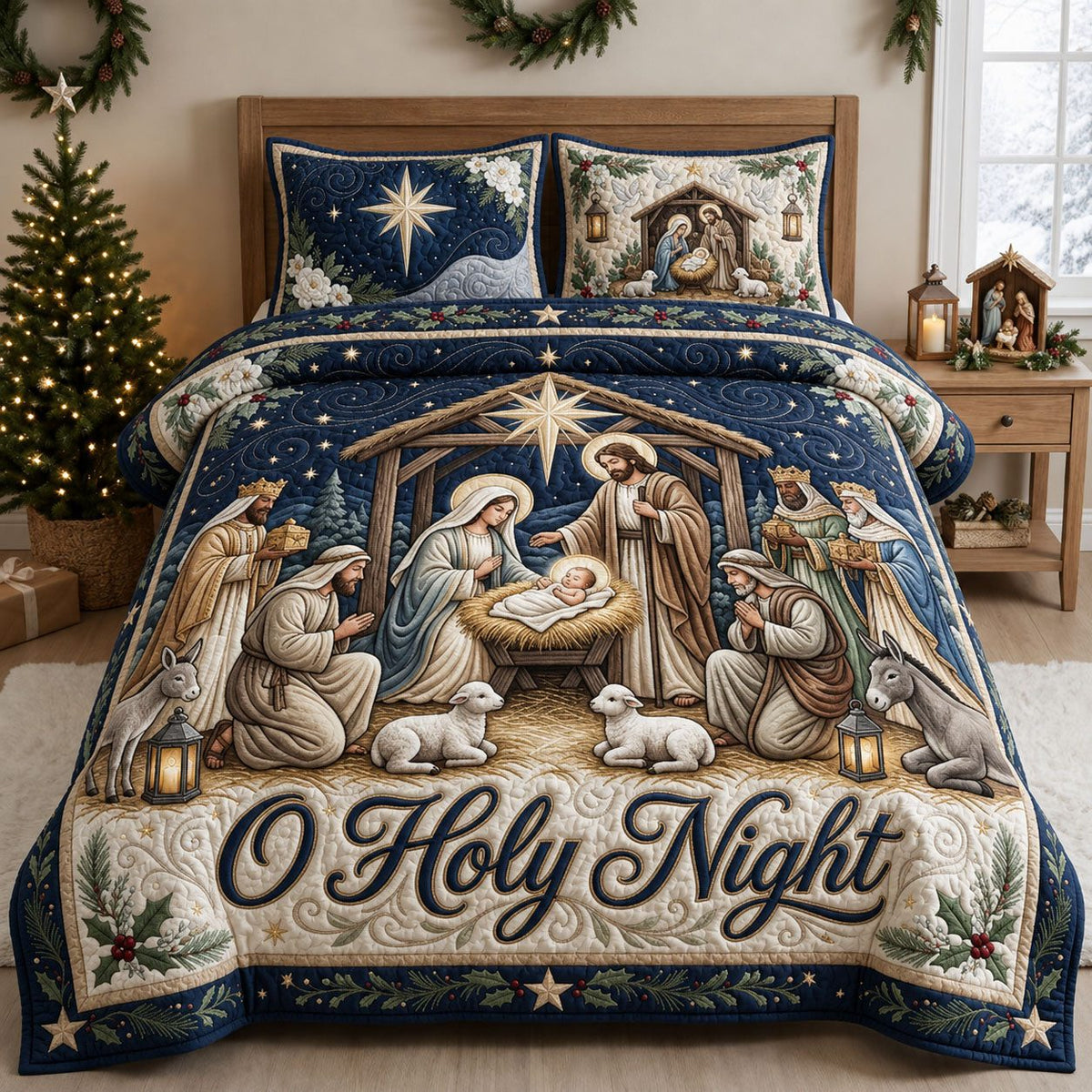 Oh Holy Night quilted 3-piece bedding set on a made bed in a softly lit bedroom