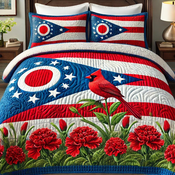 Ohio Bloom quilted 3-piece bedding set on a made bed with two matching pillow shams