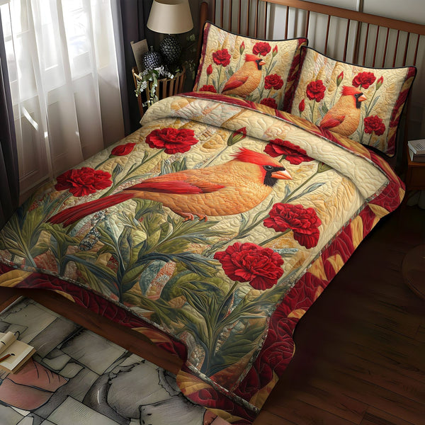 Ohio Carnation Garden quilted 3-piece bedding set on a made bed with two matching pillow shams