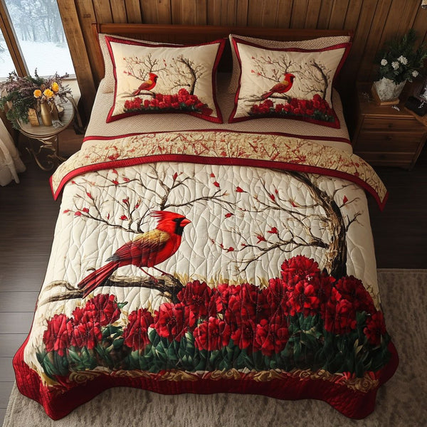 Ohio Red Blossom quilted 3-piece bedding set on a made bed with two matching pillow shams